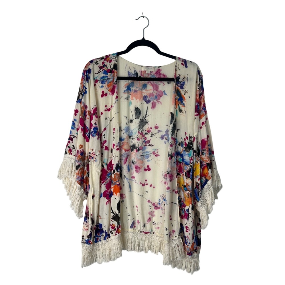 Umgee USA Boho Floral Fringe Open Front Cardigan Size Small Wrap Cover Up Kimono